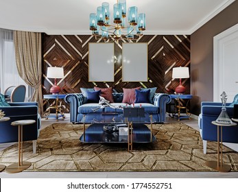 Luxurious Luxury Living Room With Wood Paneling On The Walls With Gold Accents, Blue Furniture, Brown Walls. 3D Rendering