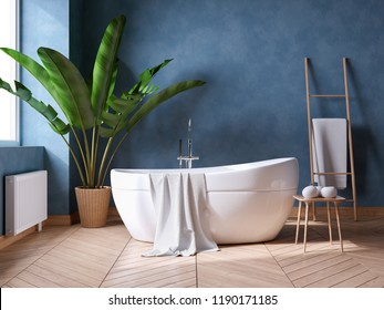 Luxurious Modern Bathroom interior design,white bathtub on grunge dark blue wall,3d render