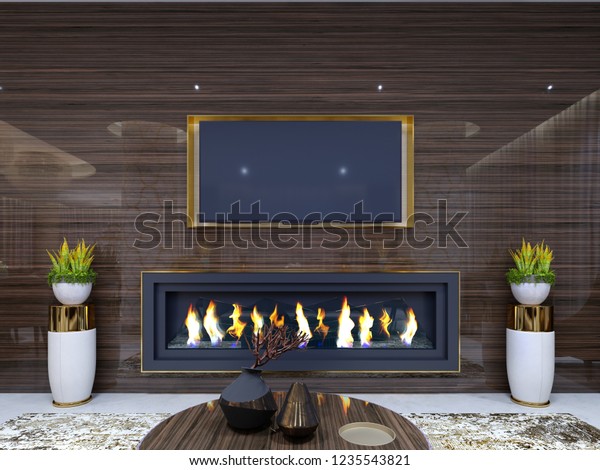 Luxurious Modern Fireplace Hotel Cozy Waiting Stock Illustration