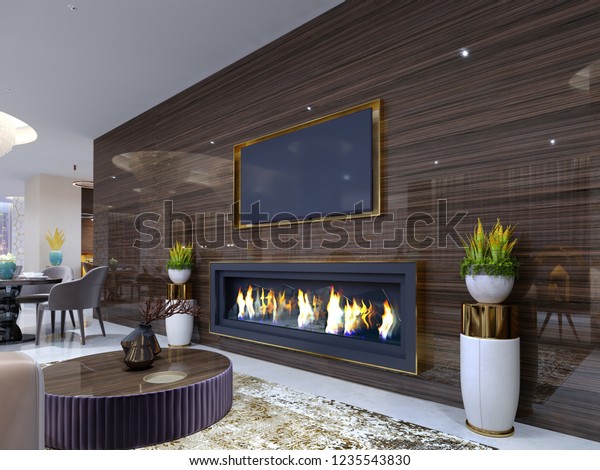 Luxurious Modern Fireplace Hotel Cozy Waiting Stock Image