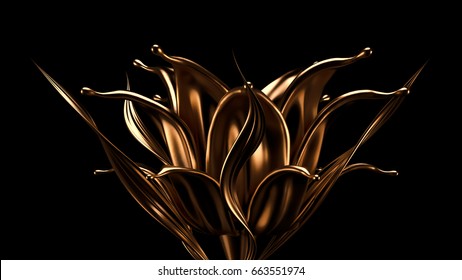 Luxurious, Mysterious, Vintage, Abstract Splash Of Liquid Gold On A Black Background. 3d Illustration, 3d Rendering.