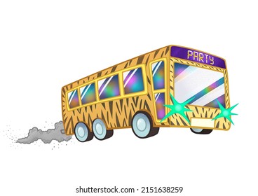 Luxurious Party Bus with Flashing Disco Lights and Tiger Paint Driving Cartoon Illustration Isolated