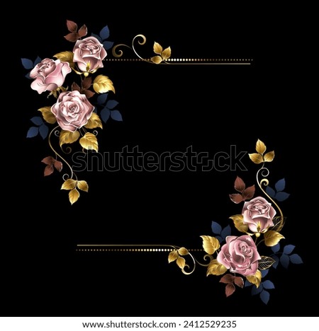 Luxurious rectangular composition of artistically painted, jewelery, sparkling yellow and rose gold roses on black background. Rose gold.