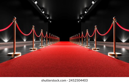 Luxurious red carpet lined with velvet ropes leading to an event with spotlighted background. 3d render