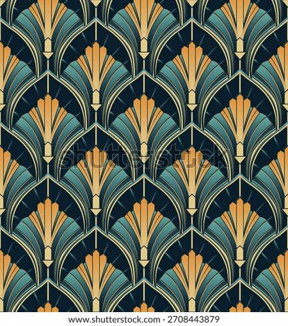 A luxurious seamless pattern in the Art Deco style. It depicts a repeating geometric ornament resembling stylized fans, scales, or architectural arches. 