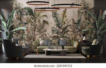 Luxurious session and forest wallpaper background   tropical jungle for banana   palm trees  old drawing and wood sides  wall lights  table  sofa   puof  3d max rendering