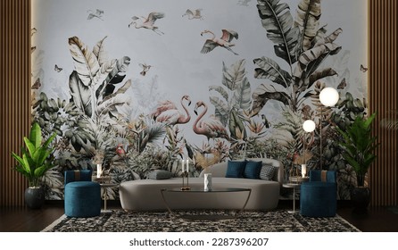 Luxurious session and wallpaper jungle   tropical forest banana palm   tropical birds  old drawing and wooden sides  wall lamps table sofa   3d max