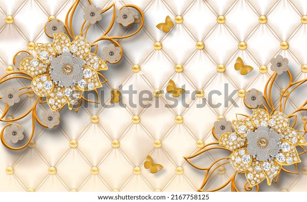 Luxurious Three Dimentional Golden Folwer with Butterflys Backgr