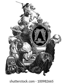 Luxurious Victorian initials letter A, after an engraving by Gustav Dore, "Jesus, banishing merchants from the temple", edition of the "Holy Bible",Russian Empire, circa 1866.