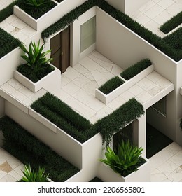 A Luxurious Villa With Plants And Ivy, Doors And Windows, And A Dungeon Map Of A Board Game In White Marble. 3D Rendering Isometric Floor Plan Maze. Endless Tiles For A Seamless Background.