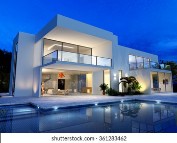 luxurious villa with swimming pool at dusk