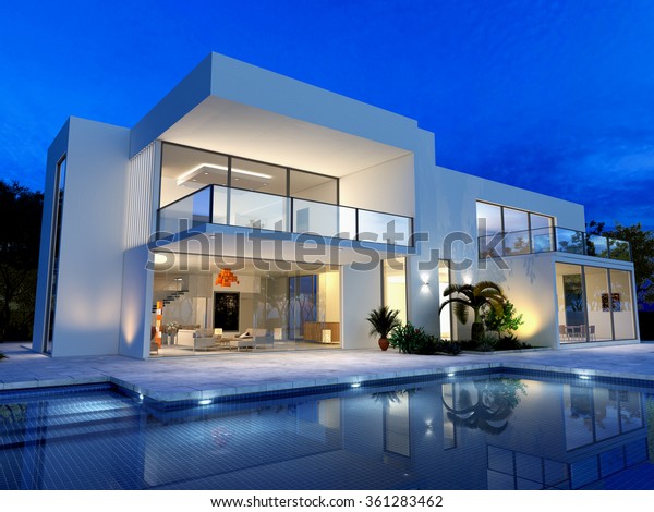 luxurious villa with
swimming pool at
dusk