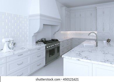 Luxurious White Kitchen Cabinet With Cooking Island. Close Up Version. 3d Render.