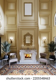 Luxurious White Marble Fireplace With A Burning Fire With Two Chairs In A Yellow Classic Interior With High Ceilings. 3D Rendering.