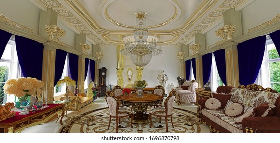 Luxuriously Decorated Rococo Style Room, Living Room With Bed, Byzantine Gold And Sculptures, 3d Rendering, 3d Illustration