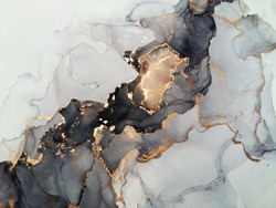 Роскошная абстрактная жидкая живопись фон спиртовые чернила техника черный и золотой 