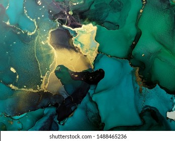 Luxury Abstract Fluid Art Painting Background Alcohol Ink Technique Green And Gold