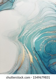 Luxury Abstract Fluid Art Painting Background Alcohol Ink Technique Turquoise And Gold