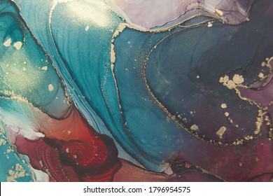Luxury abstract fluid art painting in alcohol ink technique  mixture dark blue   purple paints   Imitation marble stone cut  glowing golden veins  Tender   dreamy design  