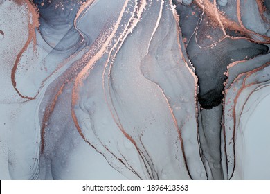 Luxury abstract fluid art painting in alcohol ink technique  mixture black  gray   gold paints  Imitation marble stone cut  glowing golden veins  Tender   dreamy design 