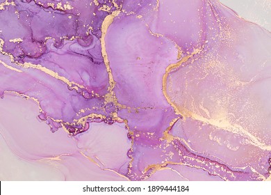 Luxury abstract fluid art painting in alcohol ink technique, mixture of lilac and pink paints.  Imitation of marble stone cut, glowing golden veins. Tender and dreamy design. 