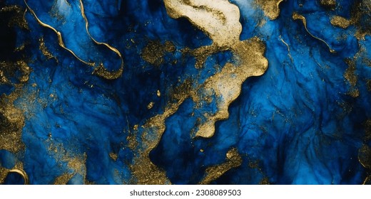 Pintura de arte de fluido abstracto de lujo con técnica de tinta de alcohol, mezcla de pinturas azules profundas y doradas. Imitación de piedra de mármol cortada, venas doradas brillantes.Diseño tenso y onírico.Diseño de tarjetas de invitación.