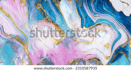 Luxury abstract fluid art painting in alcohol ink technique,mixture of teal blue pink white gold paints.Imitation of marble stone cut,glowing glitter golden foil veins.Tender dreamy design