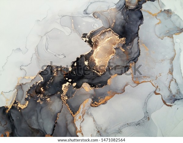 Luxury abstract fluid art painting background alcohol ink technique black and gold 