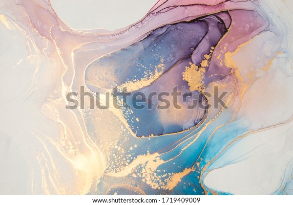 Luxury abstract\
fluid art painting in alcohol ink technique, mixture of blue and\
purple paints.  Imitation of marble stone cut, glowing golden\
veins. Tender and dreamy design.\

