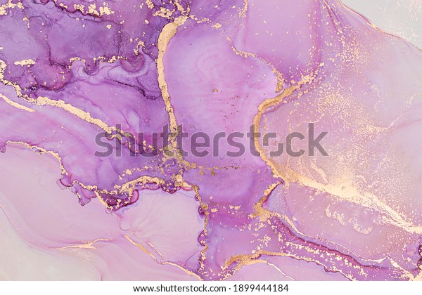 Luxury abstract\
fluid art painting in alcohol ink technique, mixture of lilac and\
pink paints.  Imitation of marble stone cut, glowing golden veins.\
Tender and dreamy design.\
