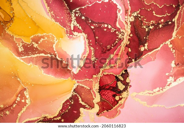 Luxury abstract fluid art painting background in alcohol\
ink technique, mixture of pink, maroon and yellow paints with\
golden veins. Transparent overlayers of ink create lines and\
gradients. 