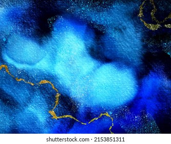 Luxury abstract liquid painting, background, watercolor ultramarine, cobalt turquoise and gold.