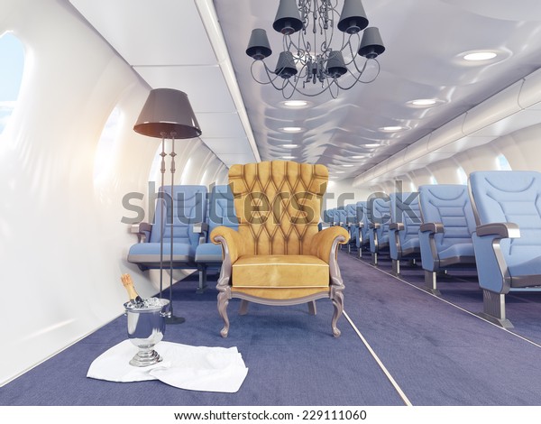 \
luxury armchair in airplane cabin. 3d creativity\
concept