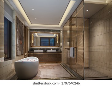 Luxury Asia Style Bathroom 3d Render. There Are Marble Tile Floor And Marble Wall.The Room Has Windows. With Guest Washroom Separate Bath And Shower Stall 