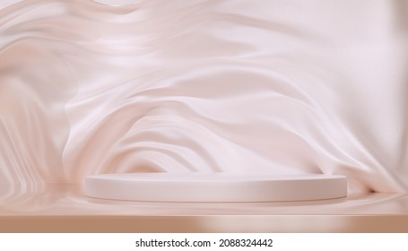 Luxury background for branding and product presentation. Beige color podium on pastel pink fabric flying wave. 3d rendering illustration.