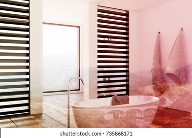 Luxury bathroom interior with a panoramic window, a wooden floor, white walls and a round bath tub with black wooden planks by its sides. Side view. 3d rendering toned image double exposure