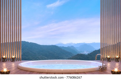 Luxury bathroom with mountain view 3d rendering image. There are wood floor decorate wall with wood lattice. There are glass railing overlooking the surrounding nature and mountain - Powered by Shutterstock