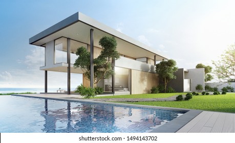 Luxury Beach House With Sea View Swimming Pool And Terrace In Modern Design. Empty Wooden Floor Deck At Vacation Home. 3d Illustration Of Contemporary Holiday Villa Exterior.