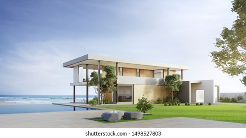 Luxury beach house with sea view swimming pool and terrace in modern design. Empty wooden floor deck at vacation home. 3d illustration of contemporary holiday villa exterior.
