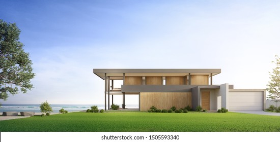 Luxury Beach House With Sea View Swimming Pool And Terrace In Modern Design. Empty Green Grass Lawn At Vacation Home. 3d Illustration Of Contemporary Holiday Villa Exterior.