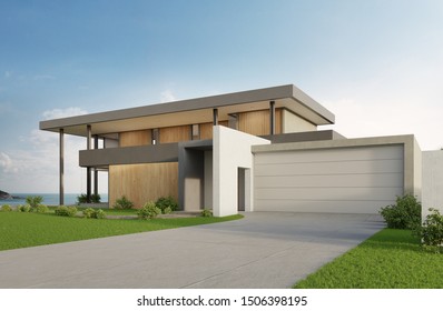 Luxury Beach House With Sea View Swimming Pool And Big Garage In Modern Design. Empty Green Grass Lawn At Vacation Home. 3d Illustration Of Contemporary Holiday Villa Exterior.