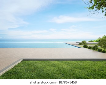 Luxury beach house with sea view swimming pool and terrace in modern design. Wooden floor deck at vacation home or hotel. 3d illustration of contemporary holiday villa exterior.