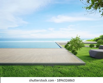 Luxury Beach House With Sea View Swimming Pool And Terrace In Modern Design. Wooden Floor Deck At Vacation Home Or Hotel. 3d Illustration Of Contemporary Holiday Villa Exterior.