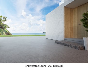Luxury beach house with sea view and wooden door in modern design. Empty concrete floor car park at vacation home. 3d illustration of contemporary holiday villa exterior.