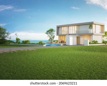 Luxury Beach House With Sea View Swimming Pool And Big Garden In Modern Design. Empty Green Grass Lawn At Vacation Home. 3d Illustration Of Contemporary Holiday Villa Exterior.