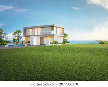 Luxury Beach House With Sea View Swimming Pool And Big Garden In Modern Design. Empty Green Grass Lawn At Vacation Home. 3d Illustration Of Contemporary Holiday Villa Exterior.