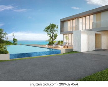 Luxury Beach House With Sea View Swimming Pool And Big Garden In Modern Design. Empty Green Grass Lawn At Vacation Home. 3d Illustration Of Contemporary Holiday Villa Exterior.