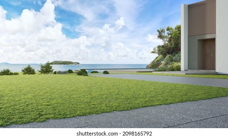 Luxury Beach House With Sea View Swimming Pool And Big Garden In Modern Design. Empty Green Grass Lawn At Vacation Home. 3d Illustration Of Contemporary Holiday Villa Exterior.