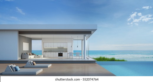 Luxury Beach House With Sea View Pool In Modern Design - 3d Rendering