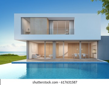 Luxury Beach House With Sea View Swimming Pool In Modern Design, Vacation Home For Big Family - 3d Rendering